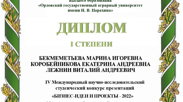 Студенты Вятского ГАТУ приняли участие в Международном научно-исследовательском конкурсе Бизнес-идеи и проекты-2022